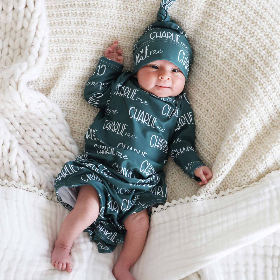 green personalized knot gown for babies with matching knotted hat 