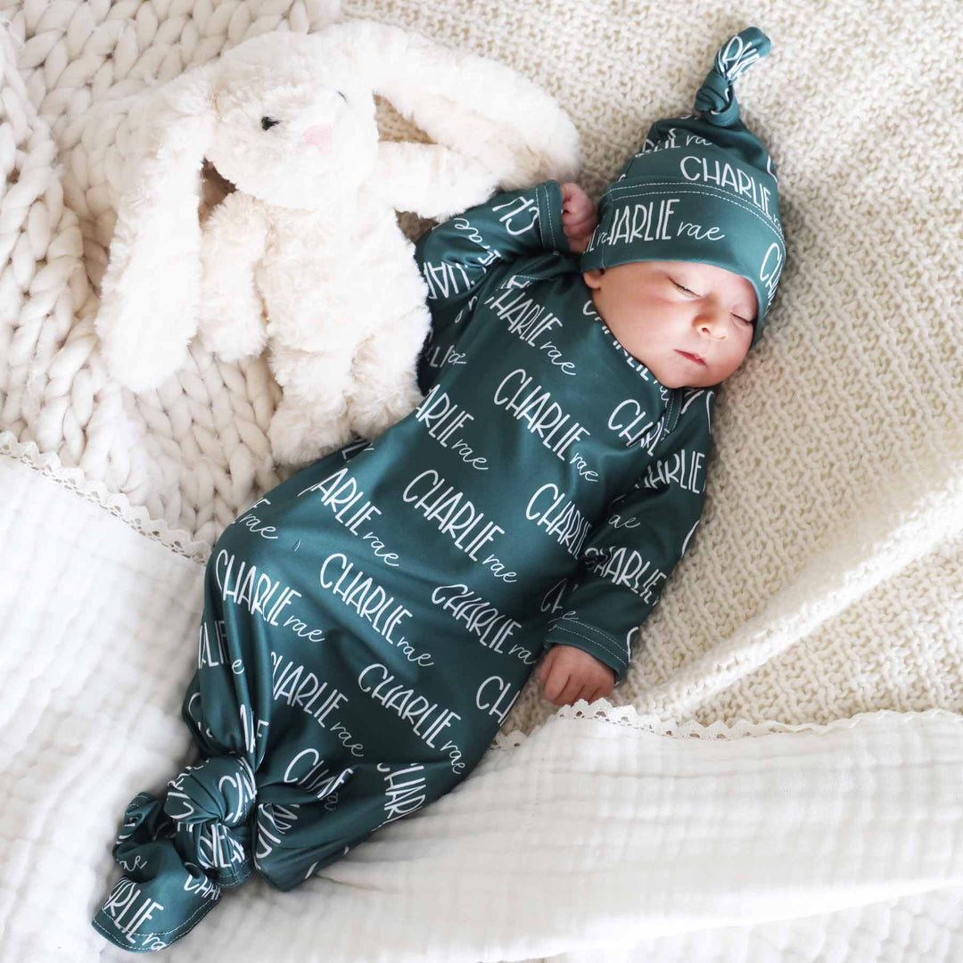 bright emerald green personalized name knot gown for babies with hat 