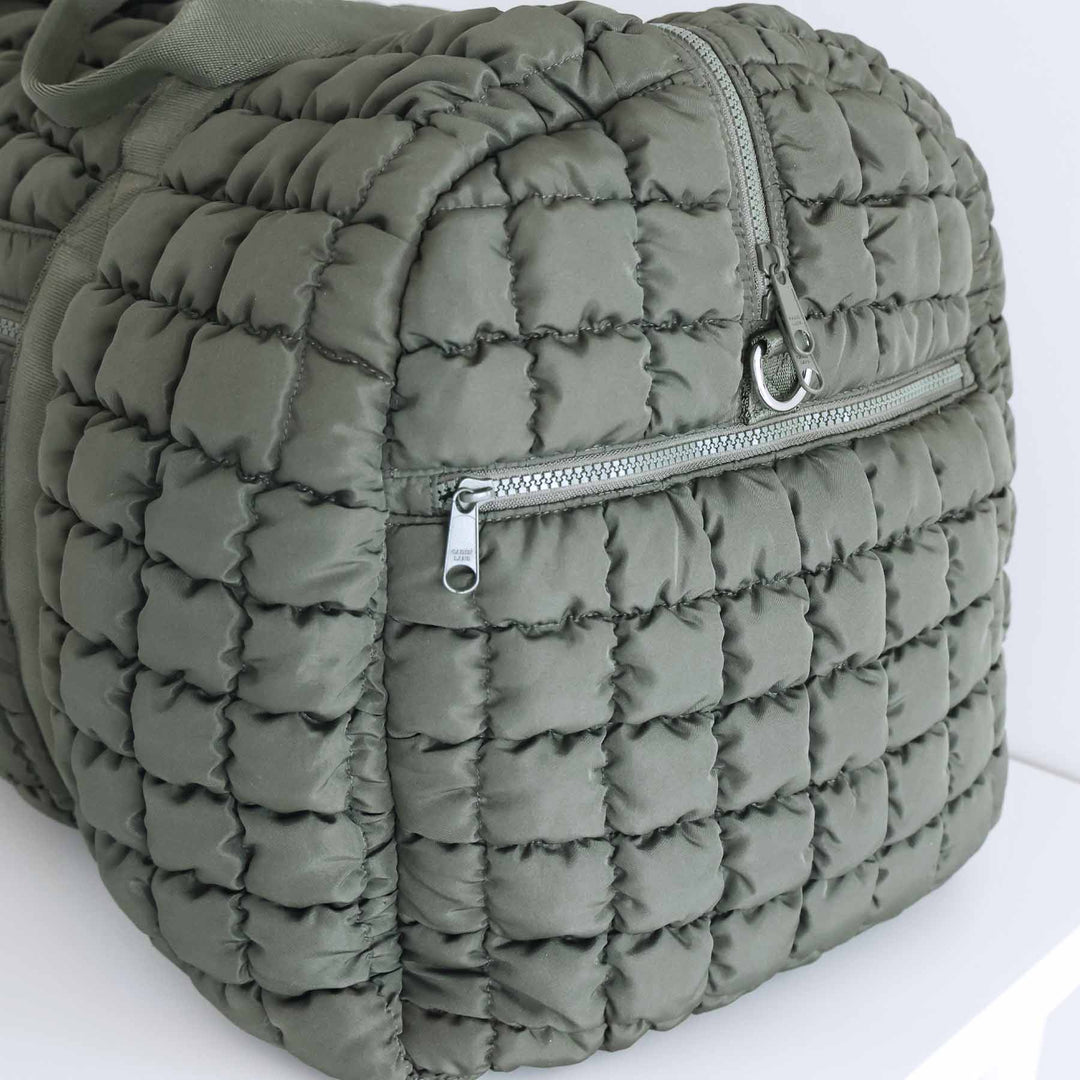 army green women's weekender bag with long shoulder strap