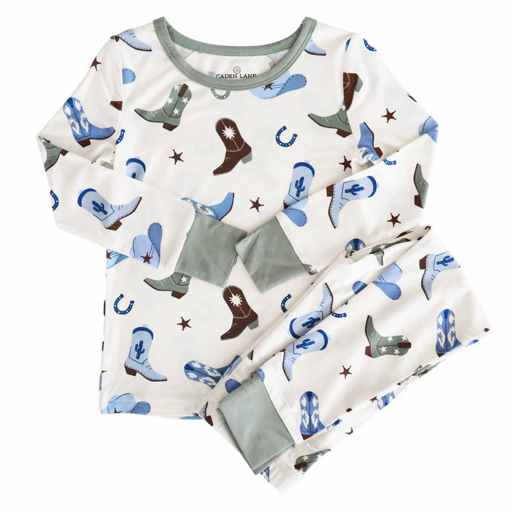 green and blue cowboy boot, hat and horseshoe two piece pajamas for kids 