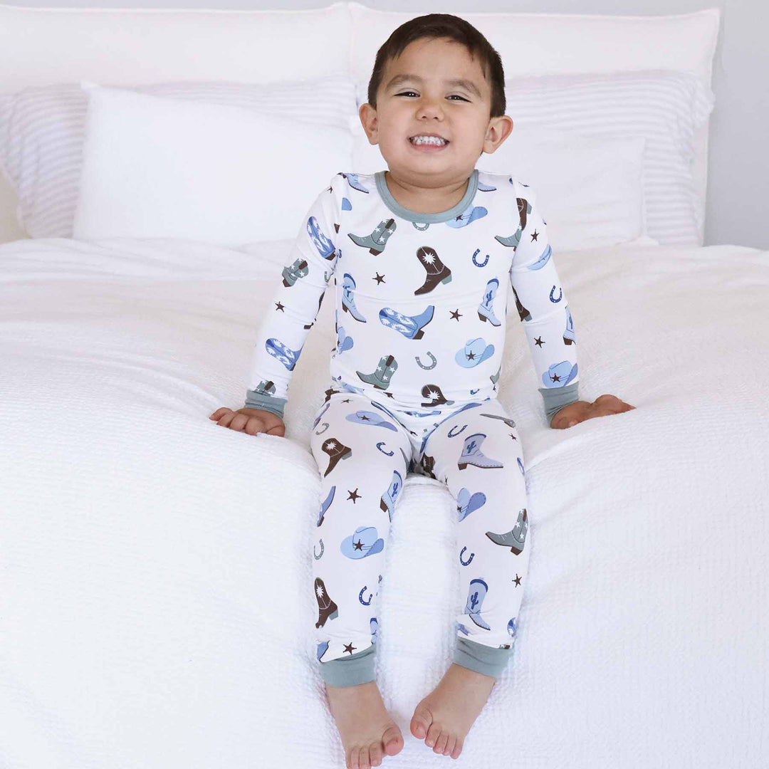 green and blue cowboy boot two piece pajama set for boys 