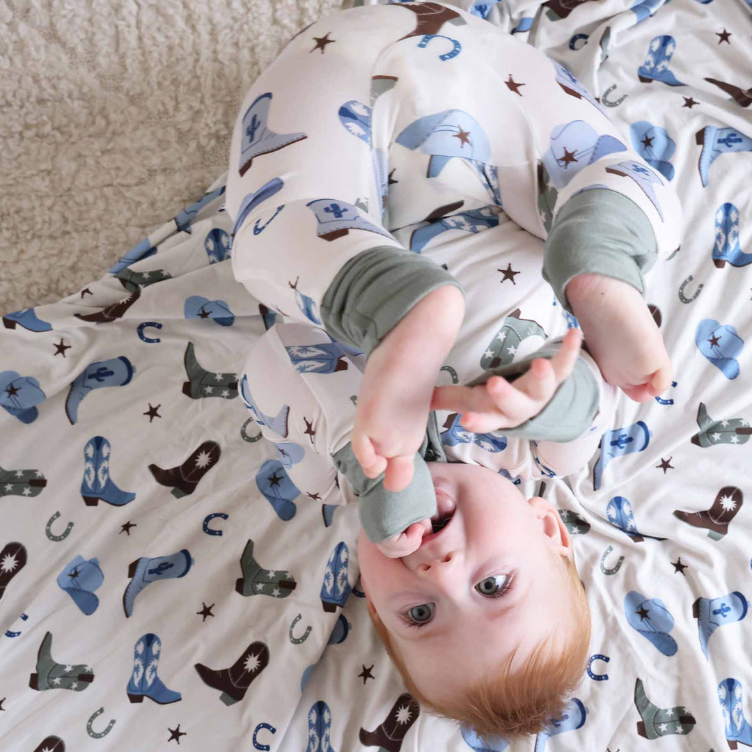 green and blue cowboy boot blanket for kids 