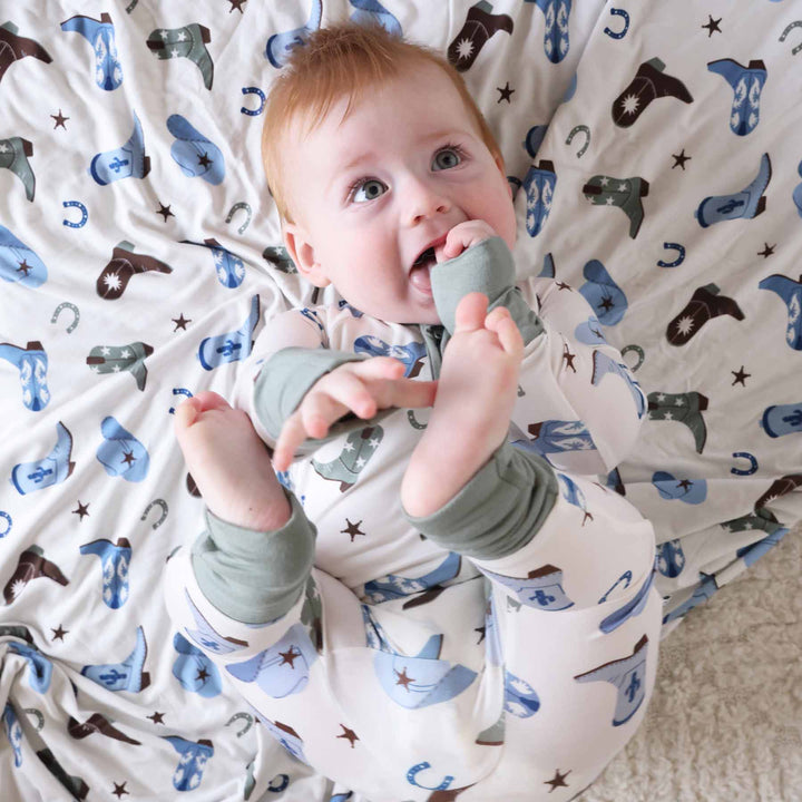 green and blue cowboy boot bamboo blanket for boys 