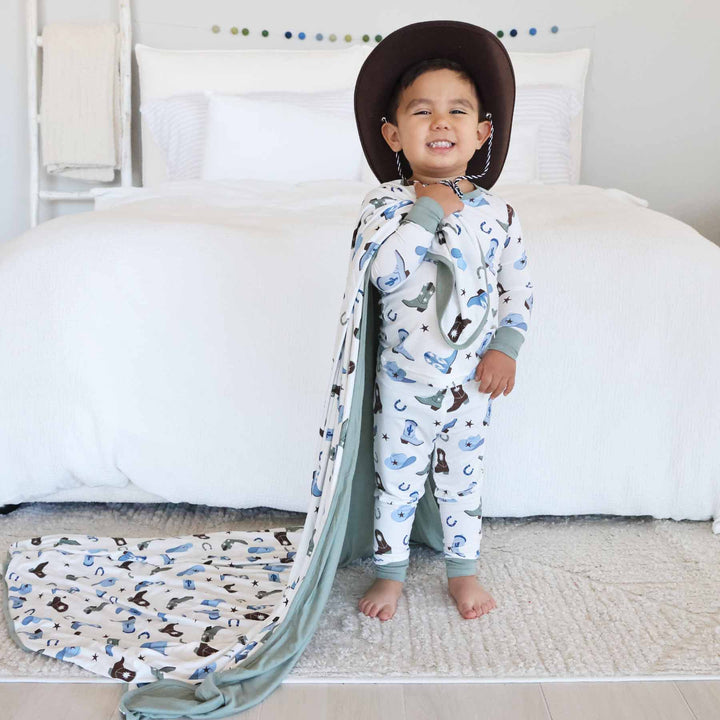 green and blue cowboy boot double sided bamboo blanket for kids 