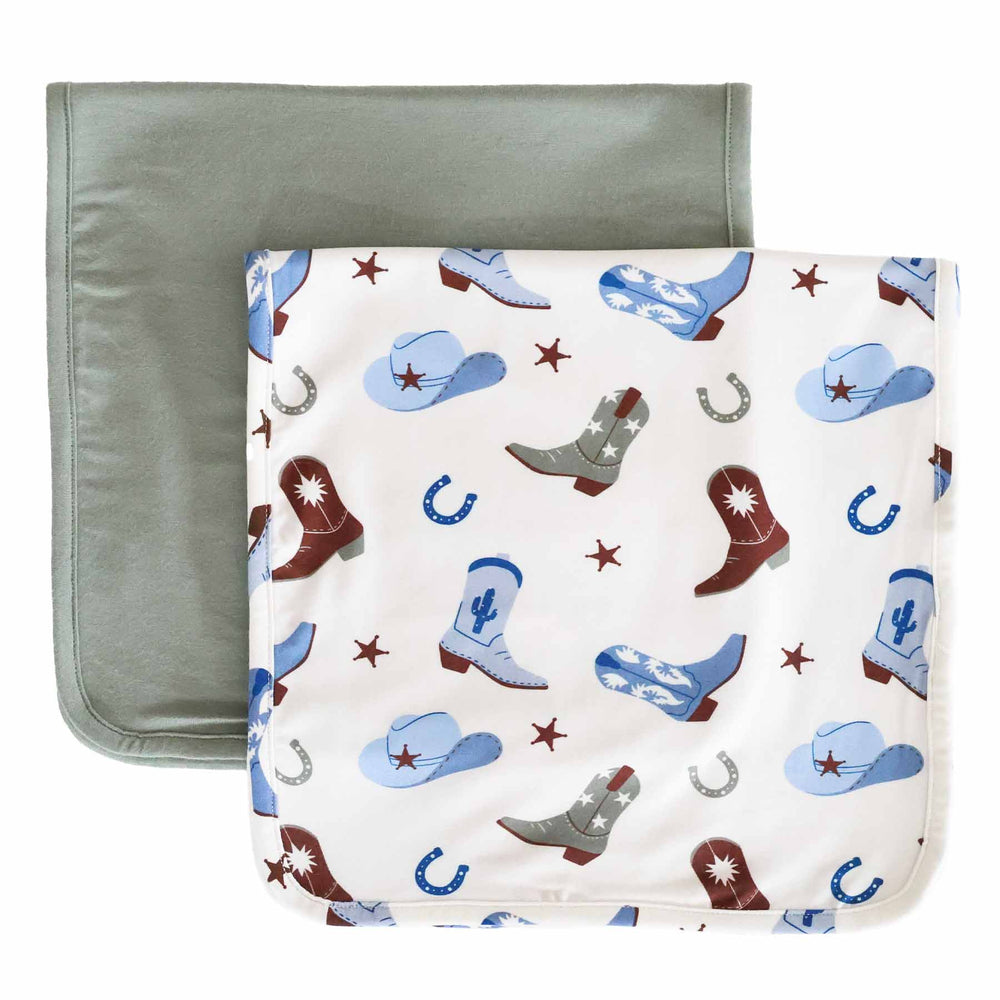 blue and green cowboy burp cloth set for babies 