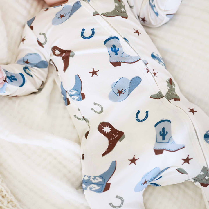 blue cowboy boot zipper footie for babies 