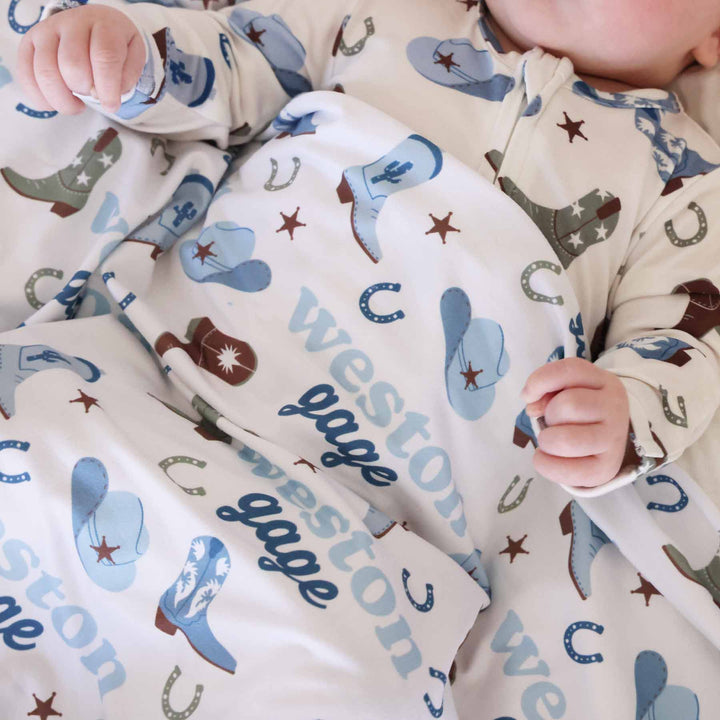 green and blue cowboy boot personalized swaddle blanket for baby boys