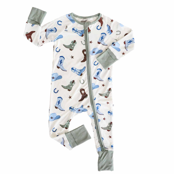 cowboy boot and hat zip romper pajama for babies 