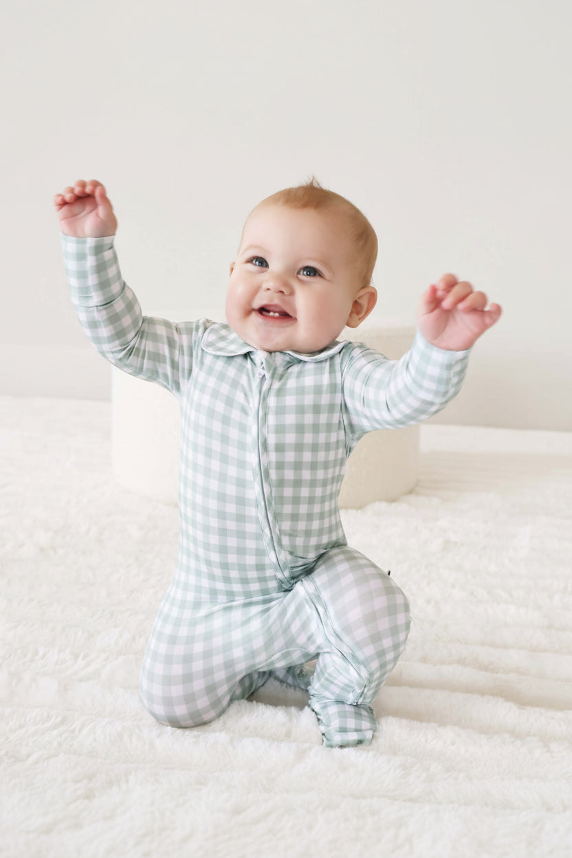 pastel green gingham footie with peter pan collar for babies