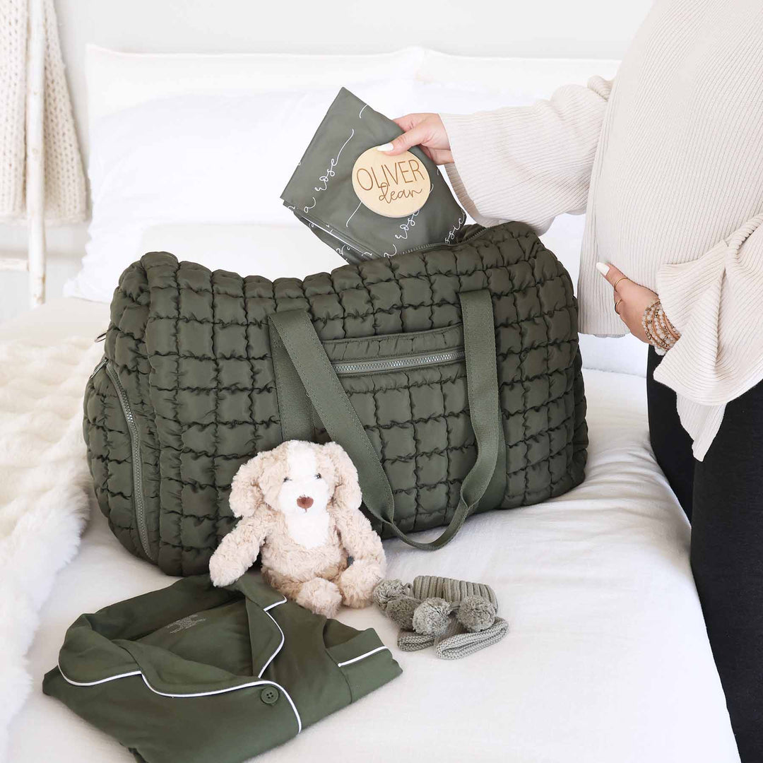 army green quilted weekender duffel bag for women