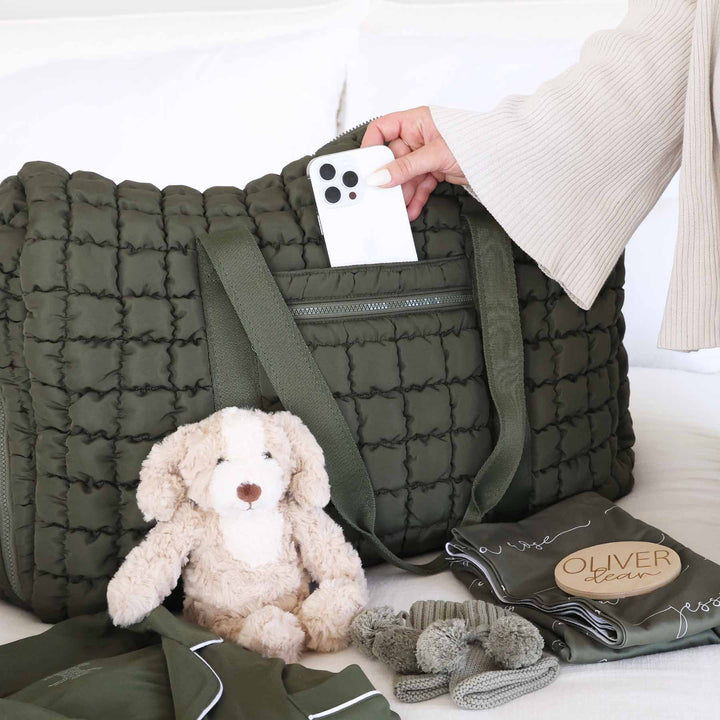 dark green quilted women's hospital bag 