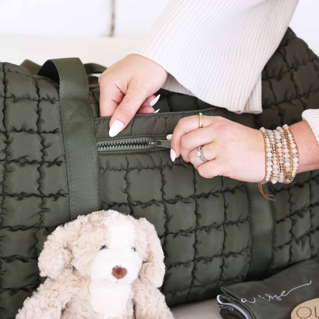 green quilted weekender bag for women