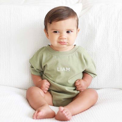 green short sleeve bubble romper personalized for toddler 