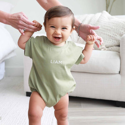 name bubble romper with name green 