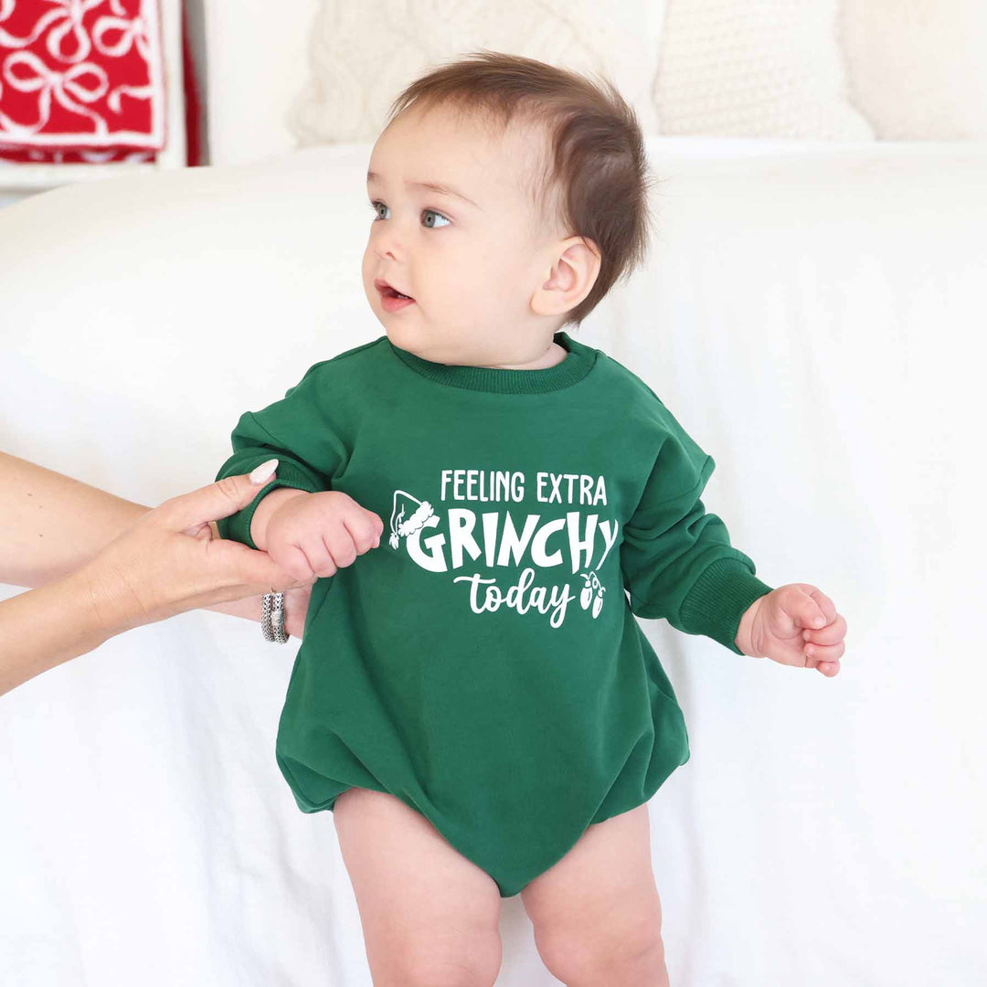 long sleeve sweatshirt bubble romper for kids green that says feeling extra grinchy today