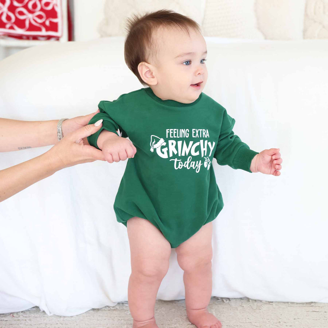 green sweatshirt bubble romper feeling extra grinchy today
