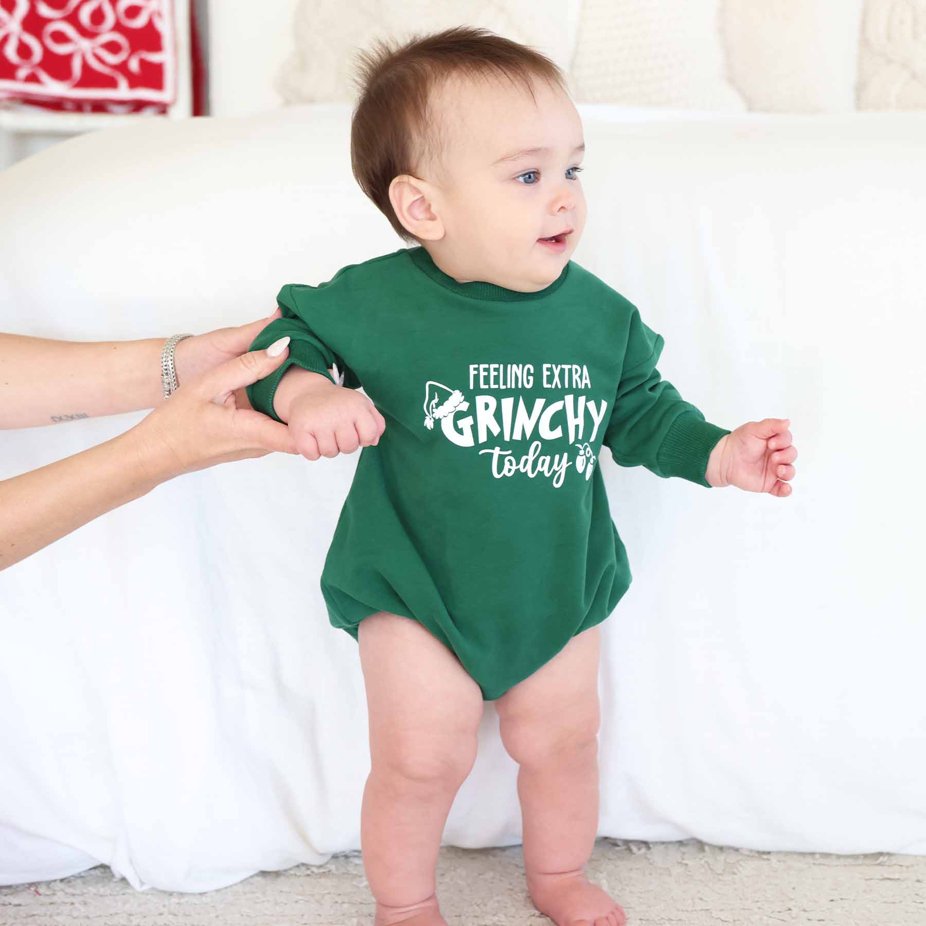 green sweatshirt bubble romper feeling extra grinchy today
