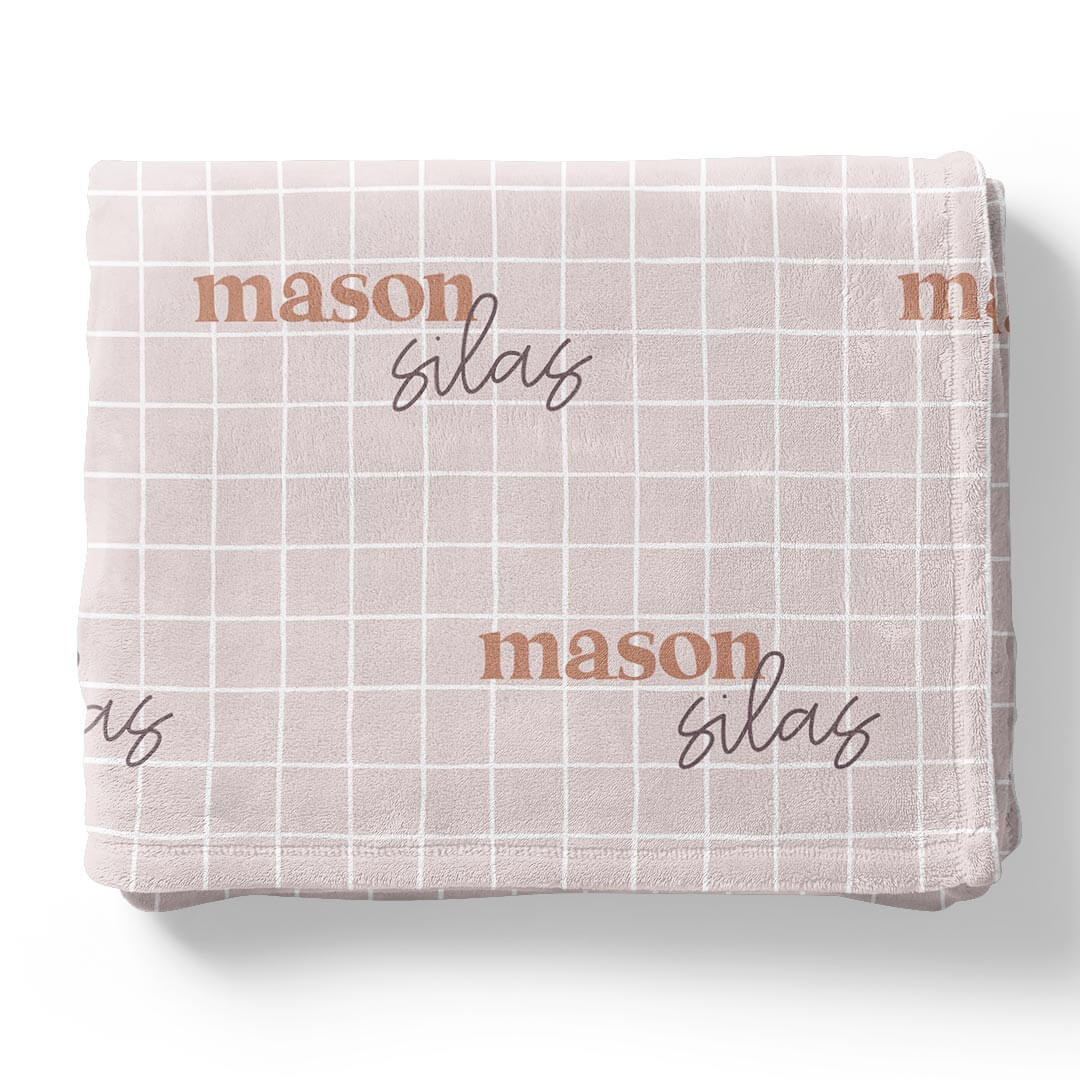 tan square grid personalized swaddle blanket for kids 