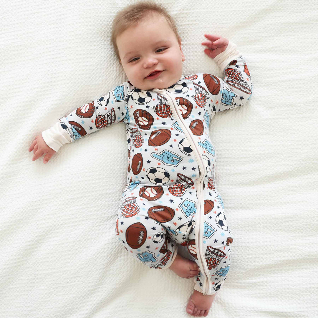bamboo pajama romper for babies sports themed 