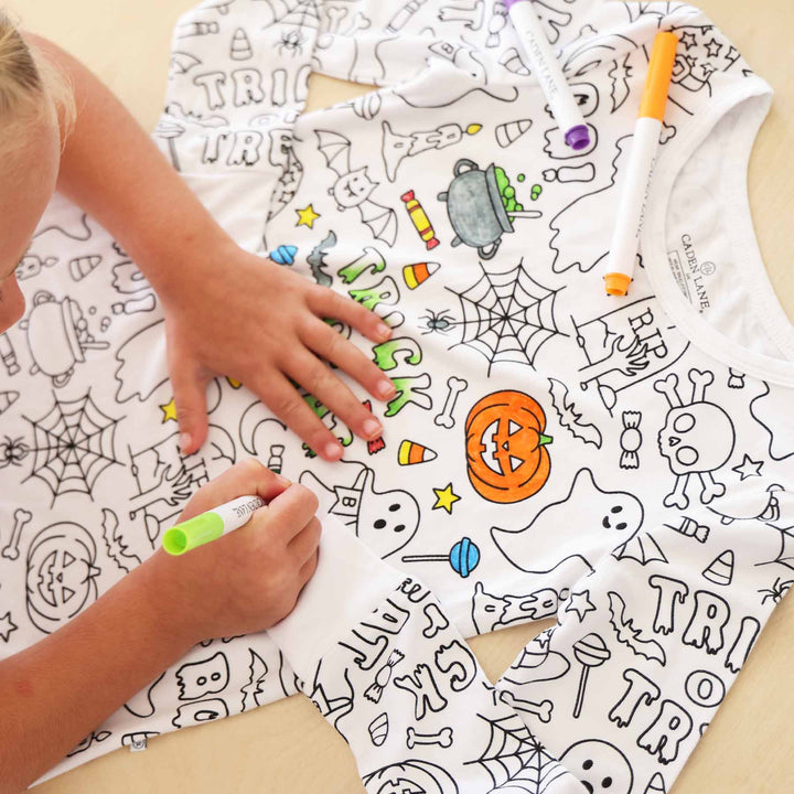 halloween colorable pajamas with pumpkins, ghosts and a witch's caldron 