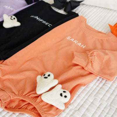 pink, black and orange personalized long sleeve bubble rompers 