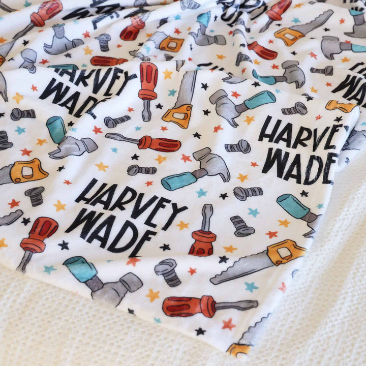 kids personalized blanket with tools