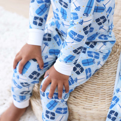 2 piece pajamas for kids with blue presents for hanukkah
