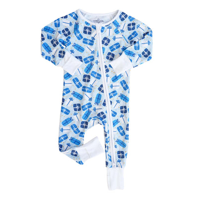 blue present pajama romper for kids hanukkah