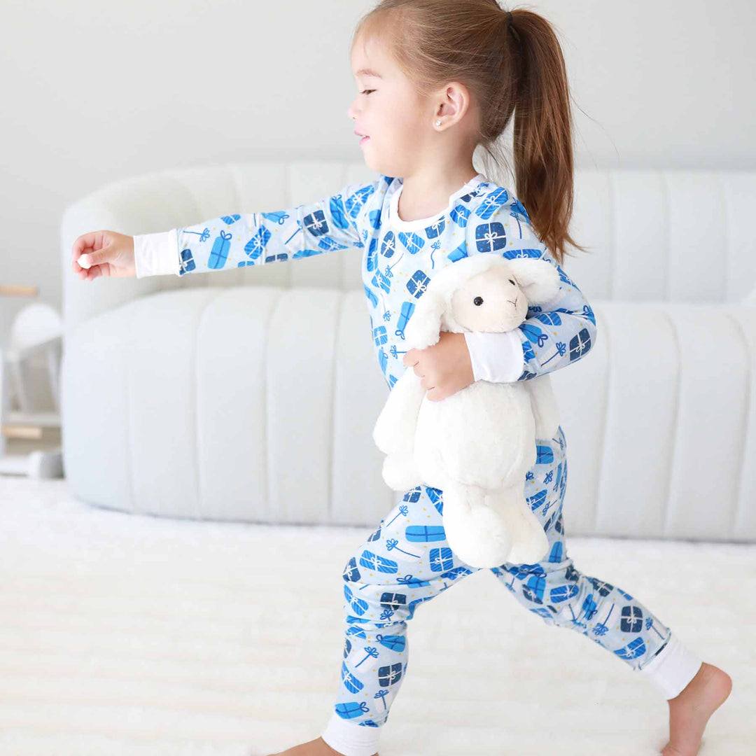 blue present two piece pajama set for kids