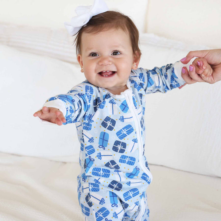 blue present hanukkah toddler pajama romper