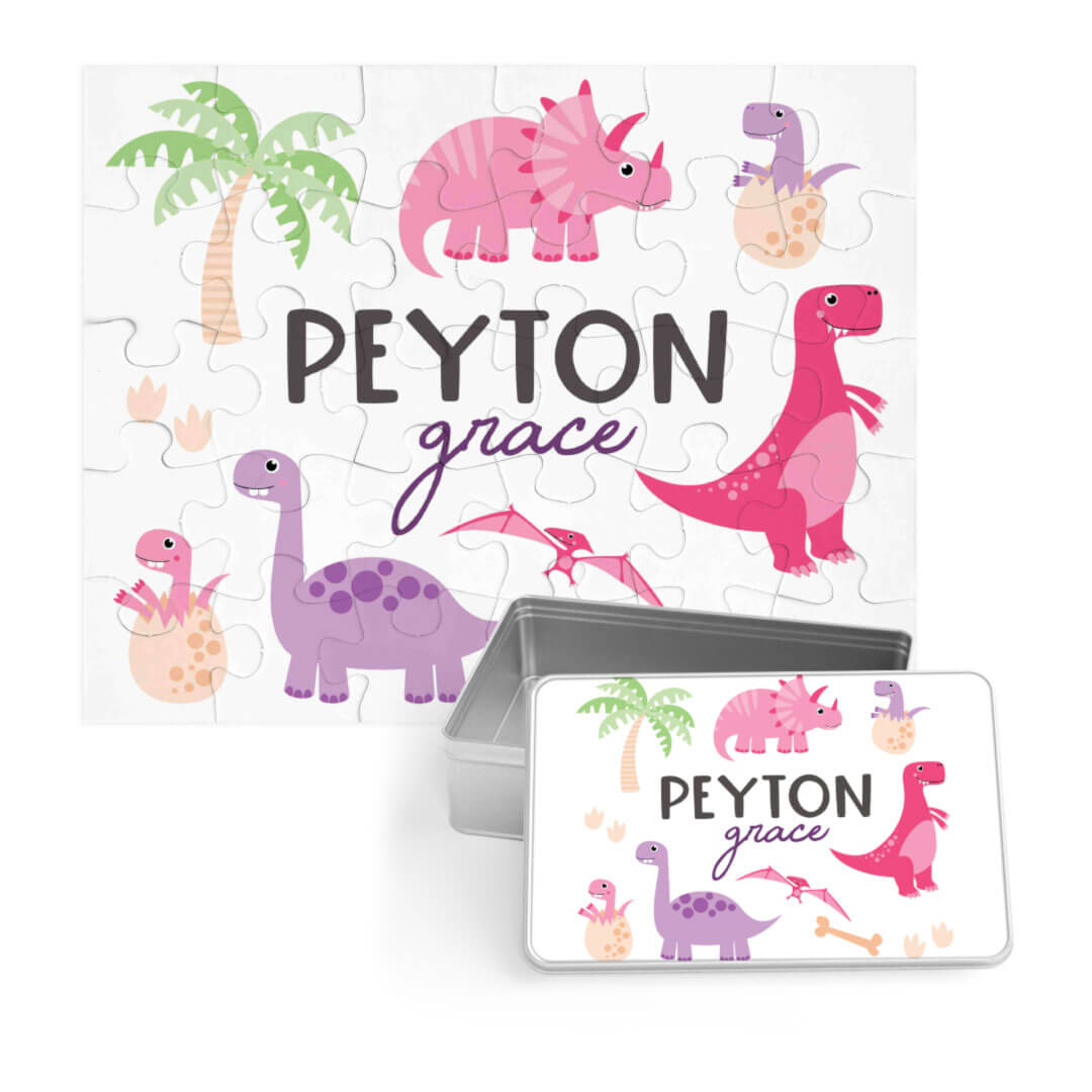 Kids Personalized 30 Piece Puzzle | Pink Happy Dinos