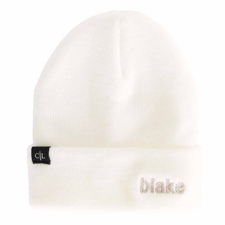 white embroidered baby beanie 
