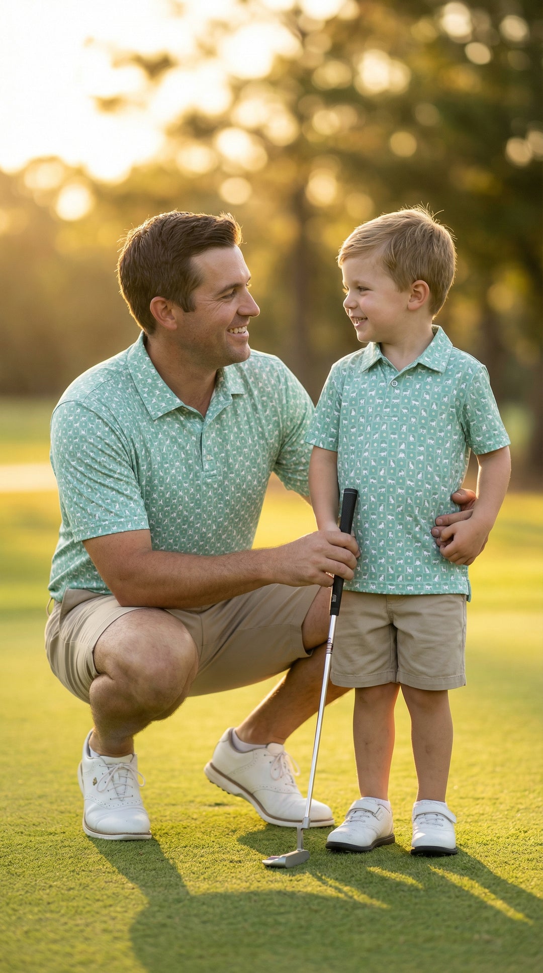 father and son leaning down on golf course wearing matching dog polo shirts 