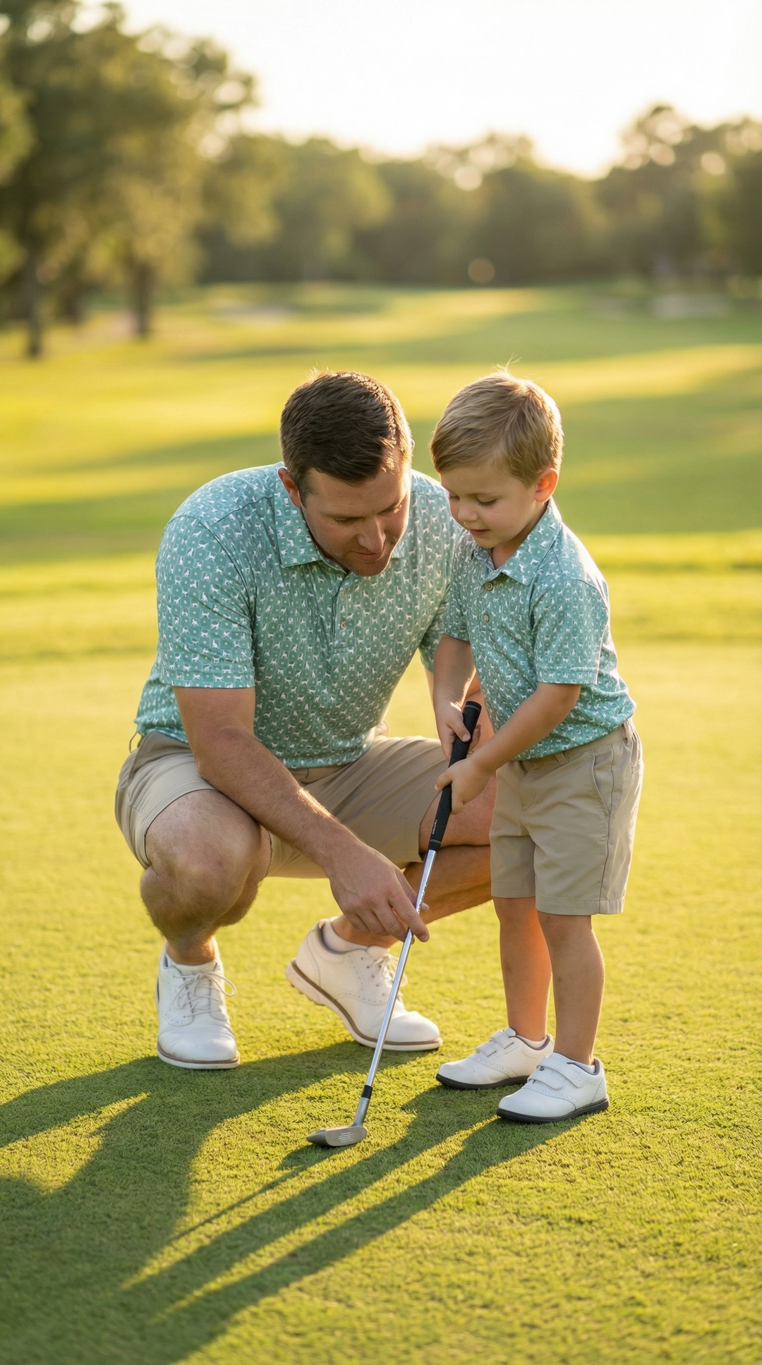 father and son playing golf in matching polo shirts green