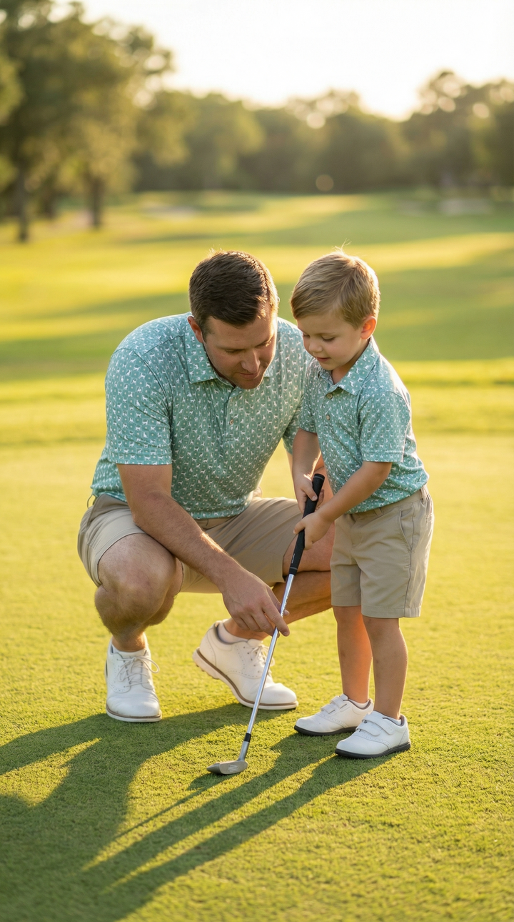 father and son playing golf in matching polo shirts green