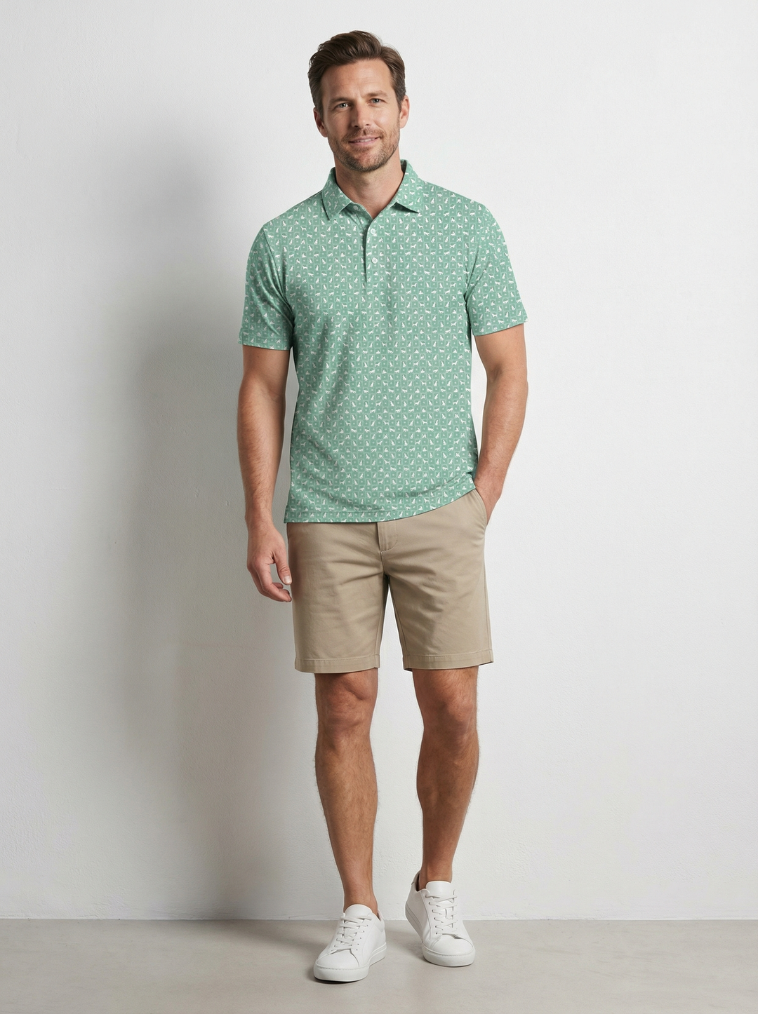 dad standing against wall in man's best friend short sleeve polo shirt in green 