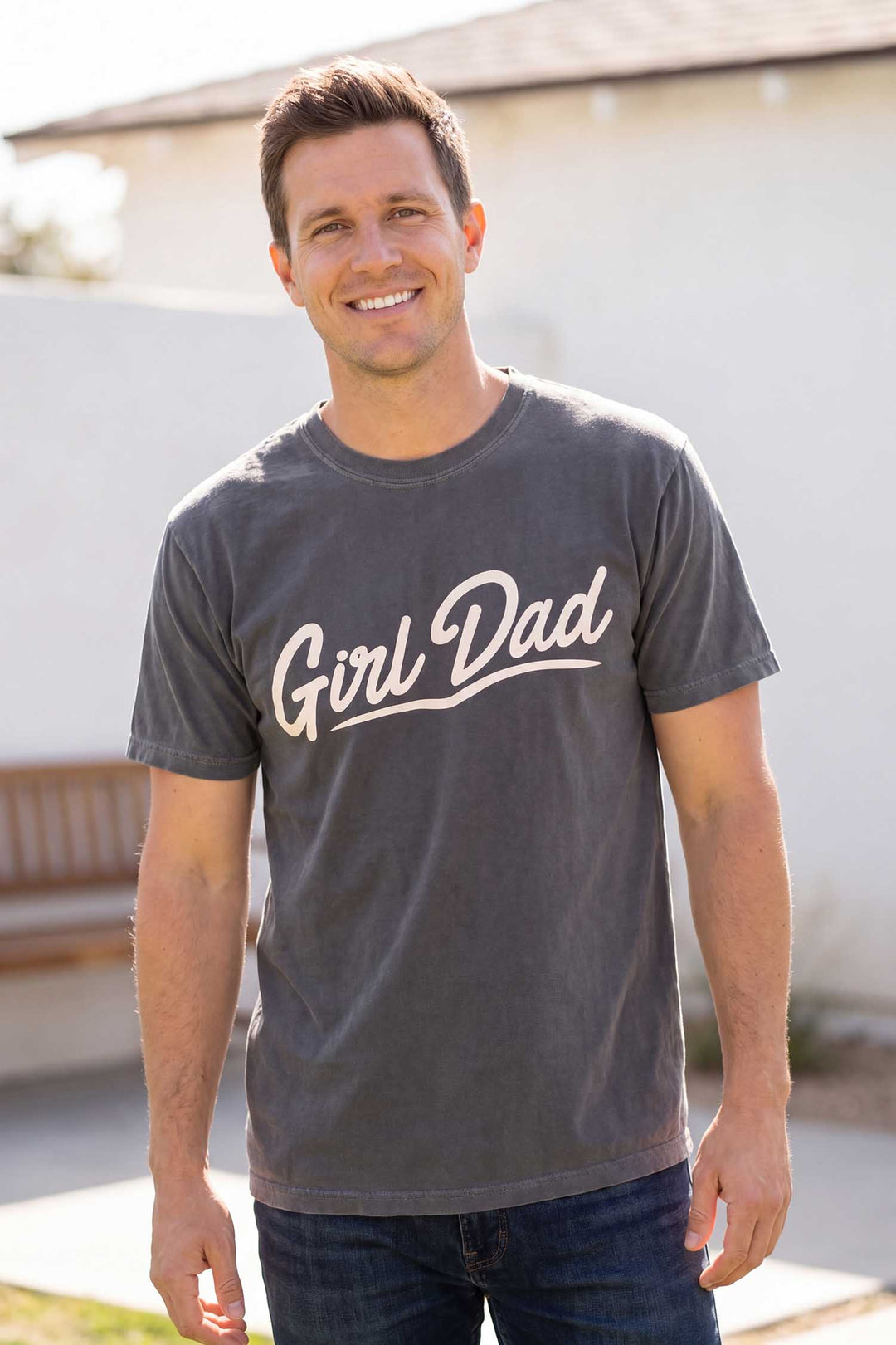 dad standing outside wearing girl dad graphic tee