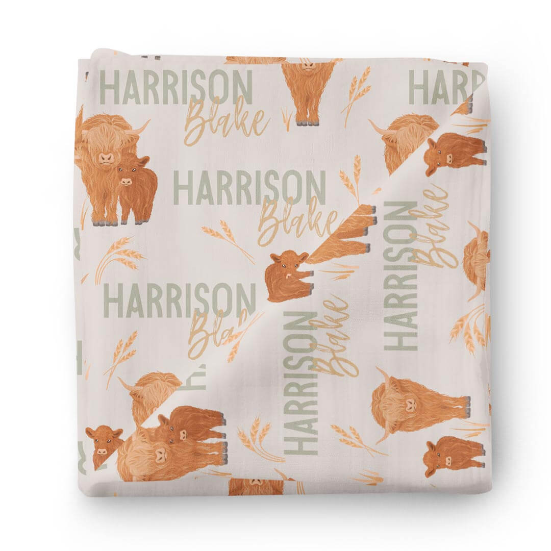 highland cow personalized swaddle 