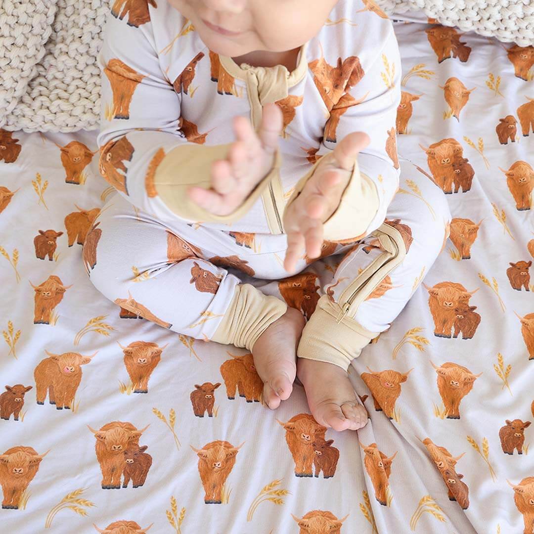 convertible zip romper baby outfit with highland cows 