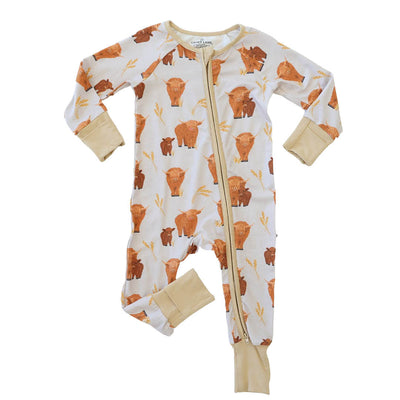 zip romper with highland cows