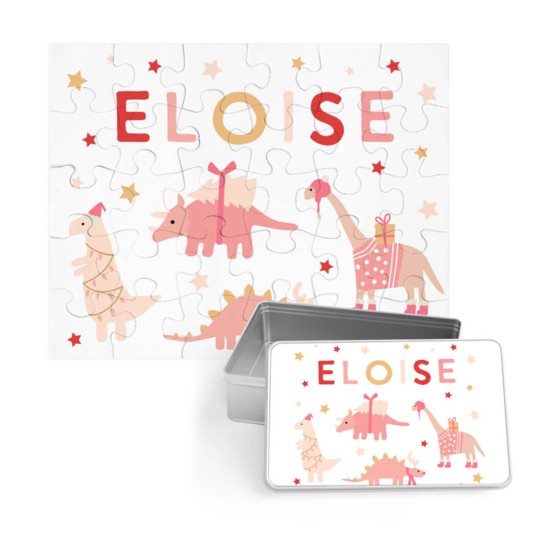 Kids Personalized 30 Piece Puzzle | Holiday Dino Pink