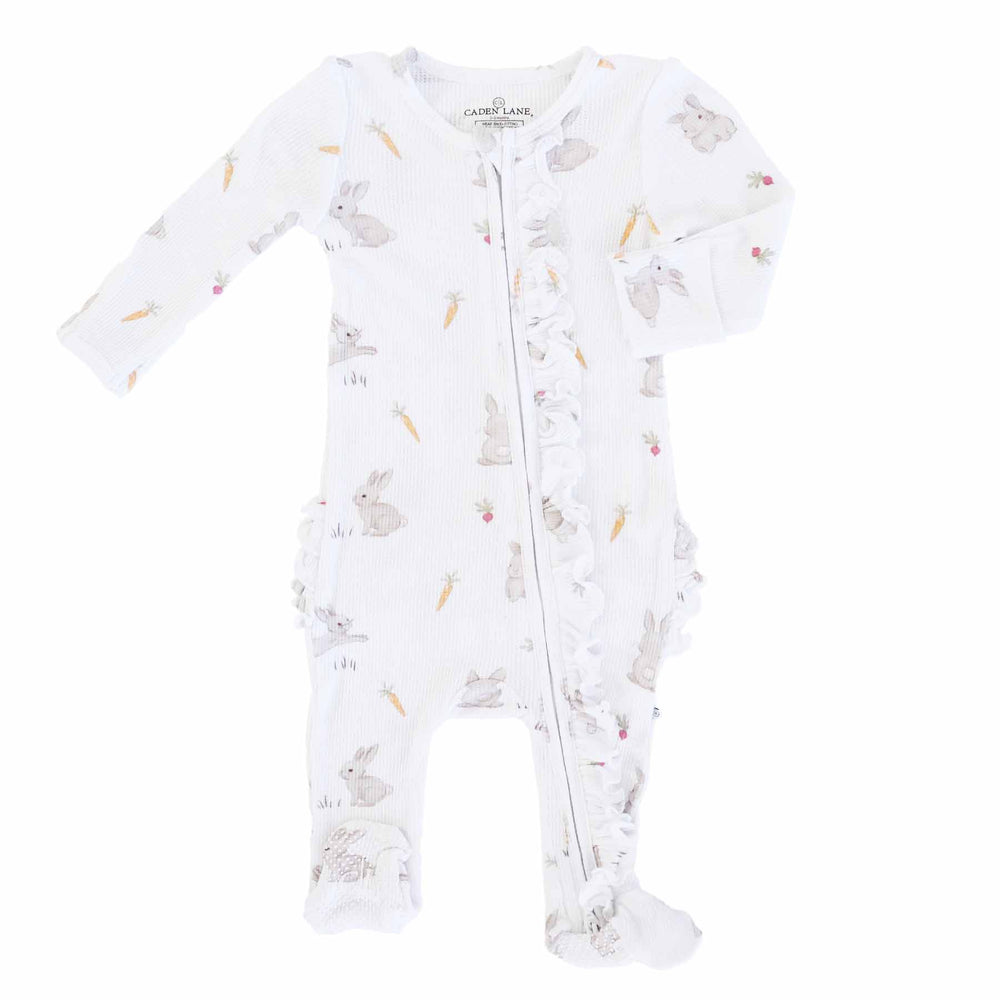 hop little bunnies zipper one piece ruffle footie