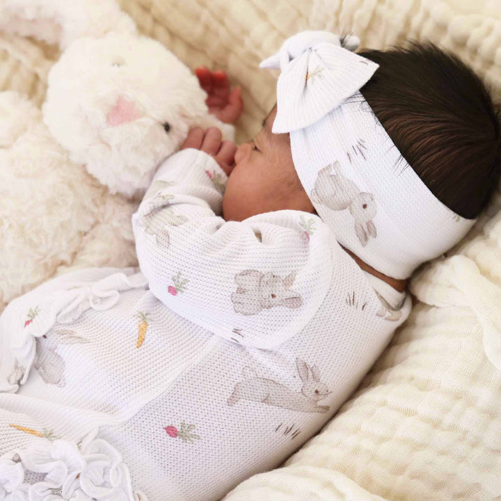 closeup of hop little bunny bamboo waffle headwrap for babies 