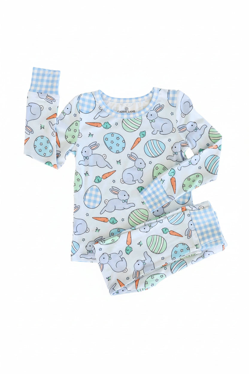 blue and white gingham trim easter two piece pajama set for boys with bunnies, easter eggs and carrots 