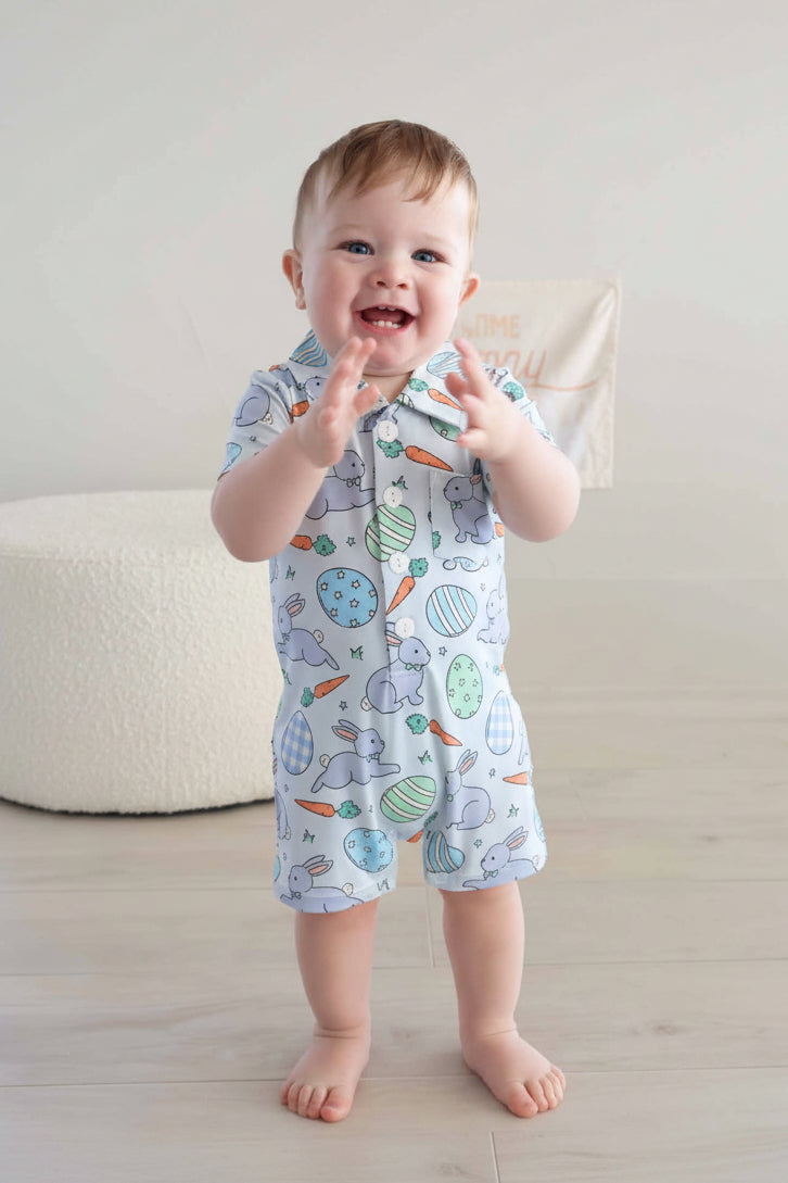 short sleeve collared button romper for baby boys hoppy spring blue 
