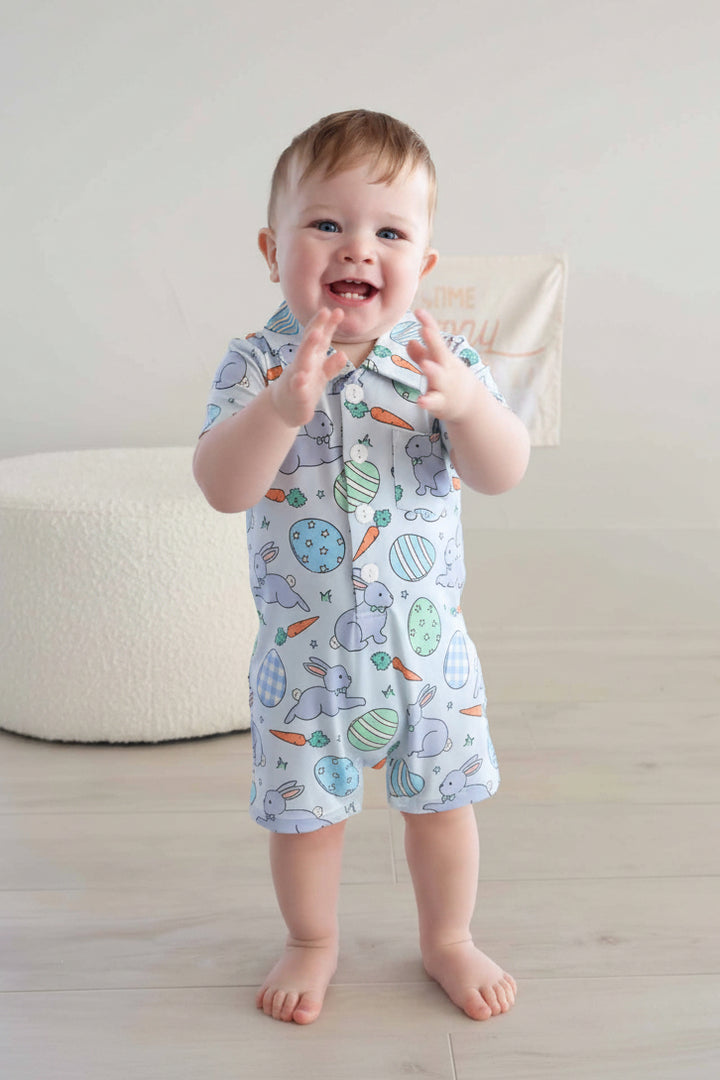 short sleeve collared button romper for baby boys hoppy spring blue 