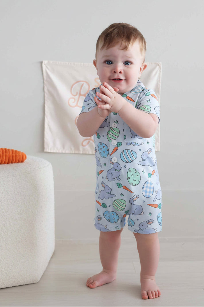 easter egg, bunny and carrot collared short sleeve button romper for baby boys 