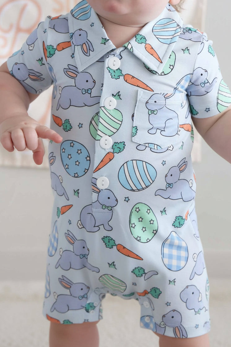 closeup of bunny, easter egg and carrot short sleeve collared romper for baby boys 