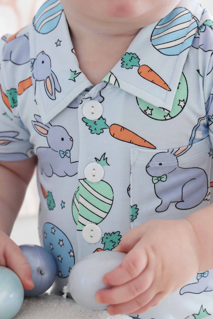 front pocket collared short sleeve hoppy spring easter romper for boys 