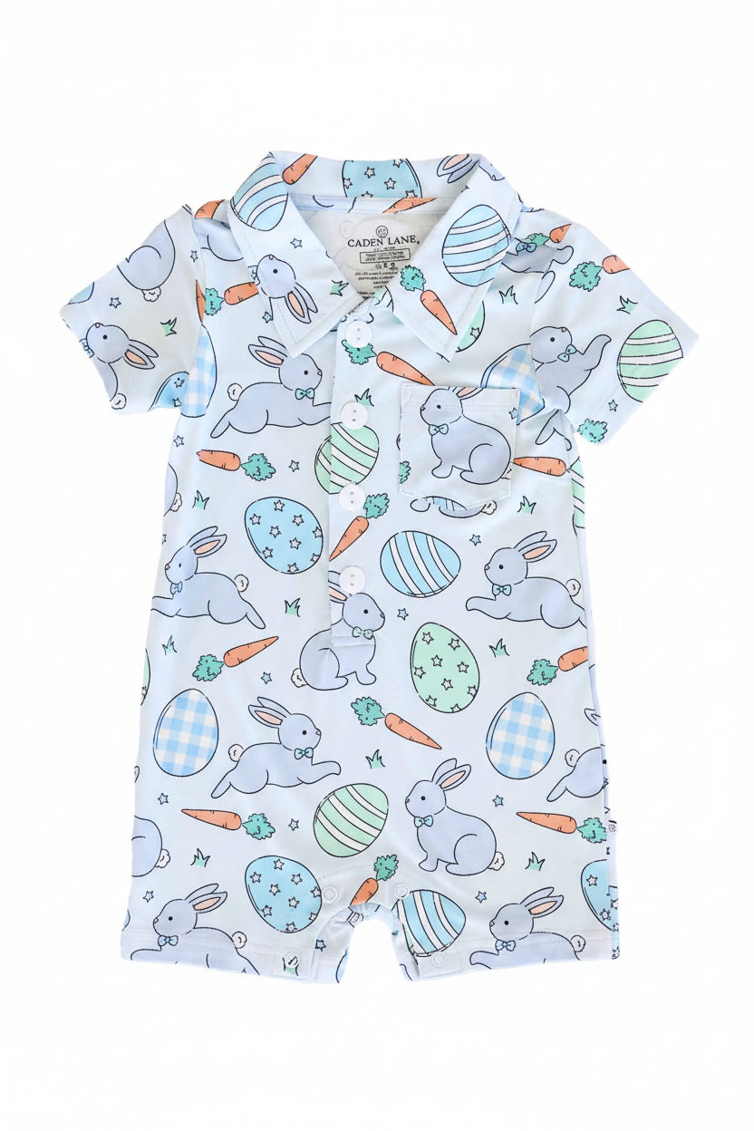 short sleeve collared blue easter button romper for baby and toddler boys 